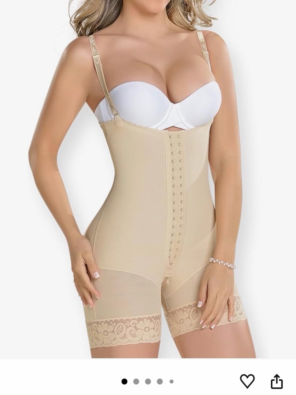 Beige Lace-Trim Shaping Bodysuit with Adjustable Straps